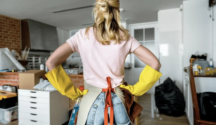 Woman in yellow rubber gloves and apron preparing to clean a condo, showcasing a tidy interior with cleaning supplies and a focus on condo cleaning services in Toronto.