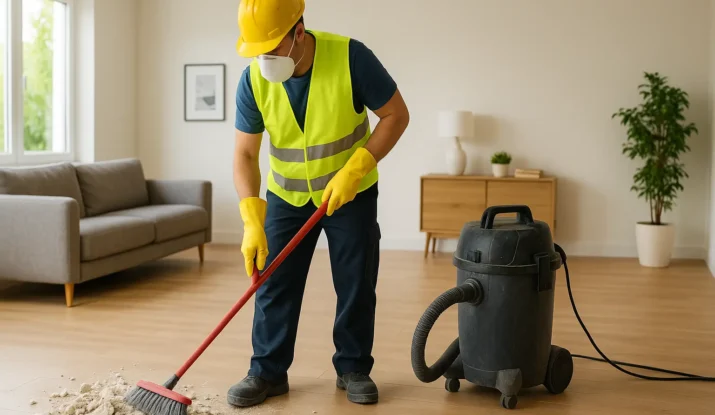 Worker in safety gear sweeping dust in a newly constructed space with a vacuum cleaner, highlighting post-construction cleaning services in Toronto.