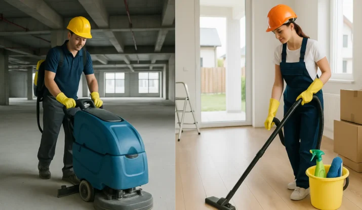 Construction cleaning professionals using equipment in a commercial space and a residential area, highlighting post-construction cleanup services for thorough dust and debris removal.