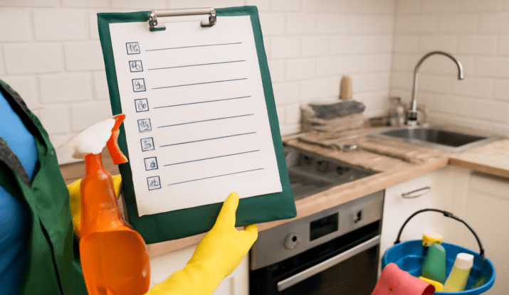 Person in yellow gloves holding a cleaning checklist in a kitchen, emphasizing post-remodel cleaning tasks and preparation for a livable space.