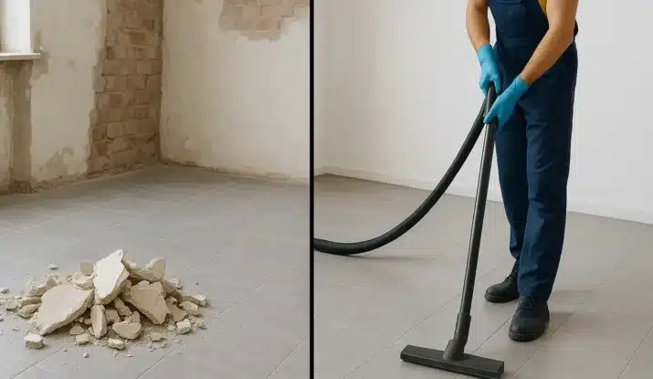 Post-renovation cleaning scene showing debris on the floor and a cleaner using a vacuum, highlighting the transformation of a renovated space in Toronto.