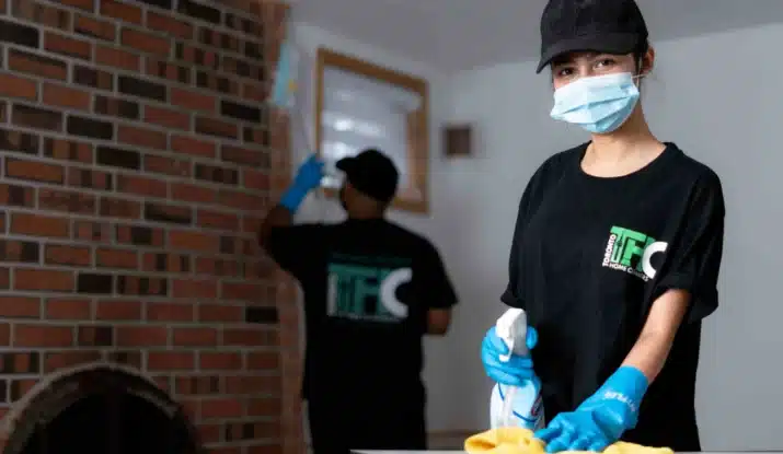 Cleaning professionals in branded attire using cleaning supplies in a residential setting, emphasizing the importance of deep cleaning services offered by Toronto Home Clean.