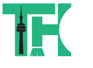 Toronto Home CLeaners logo. Image having a colour combination of black, white & Green. There is also an image of CN Tower an iconic tower of toronto in the logo