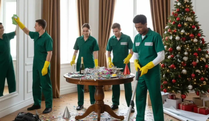 Professional cleaners in green uniforms tidying up a festive room with a Christmas tree, removing decorations and clutter from a table, preparing homes for pre-Christmas cleaning in Toronto.