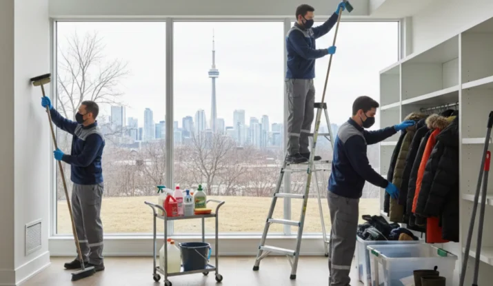 Three professional cleaners in masks and gloves performing winter cleaning tasks indoors, with the Toronto skyline visible through large windows, showcasing essential cleaning supplies and organized winter clothing.